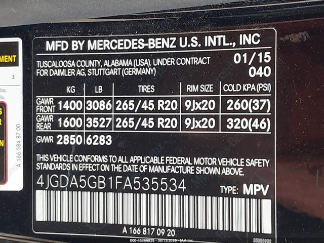 2015 Mercedes-benz Ml 400 4matic მანქანა იყიდება აუქციონზე, vin: 4JGDA5GB1FA535534, აუქციონის ნომერი: 45866829