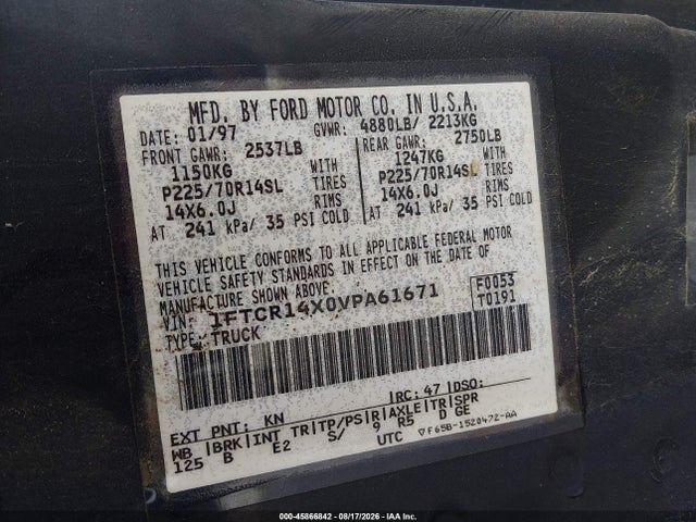 Aukcja sprzedaży 1997 Ford Ranger Splash/xlt, vin: 1FTCR14X0VPA61671, numer aukcji: 45866842