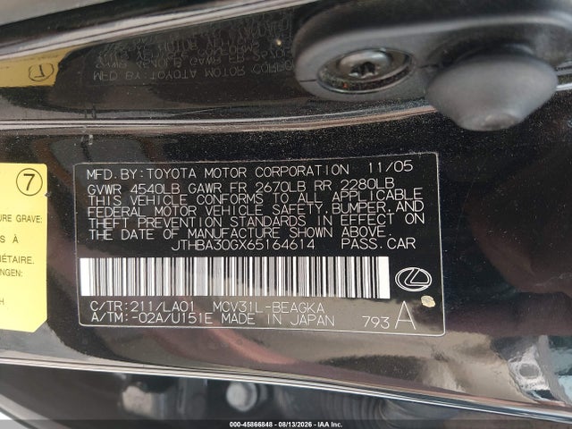Aukcja sprzedaży 2006 Lexus Es 330, vin: JT8BA30GX65164614, numer aukcji: 45866848