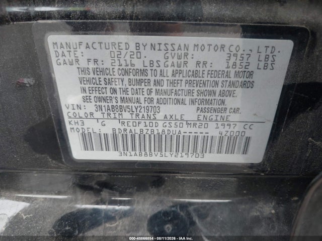 2020 Nissan Sentra S Xtronic Cvt მანქანა იყიდება აუქციონზე, vin: 3N1AB8BV5LY219703, აუქციონის ნომერი: 45866854