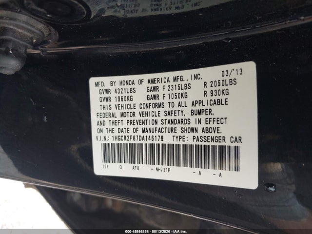 45866858 :رقم المزاد ، 1HGCR2F87DA146179 vin ، 2013 Honda Accord Ex-l مزاد بيع