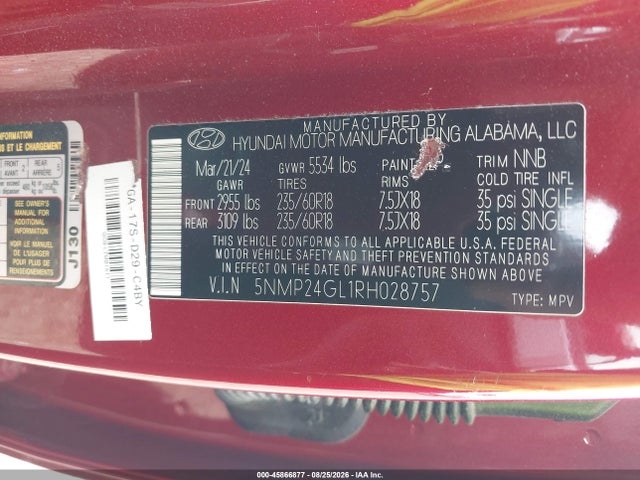 Продаж на аукціоні авто 2024 Hyundai Santa Fe Sel, vin: 5NMP24GL1RH028757, номер лоту: 45866877