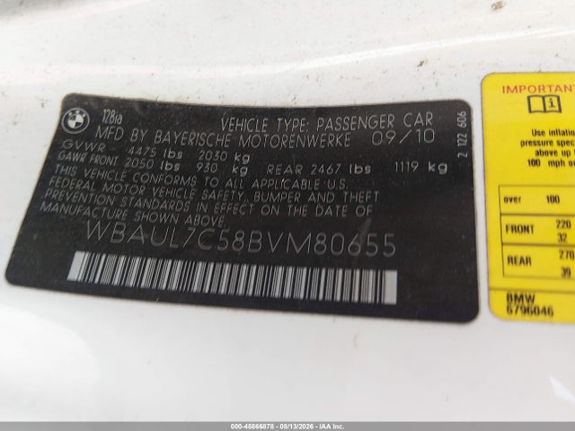 45866878 :رقم المزاد ، WBAUL7C58BVM80655 vin ، 2011 Bmw 128i مزاد بيع