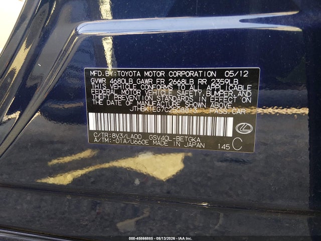 Продажа на аукционе авто 2012 Lexus Es 350, vin: JTHBK1EG7C2508813, номер лота: 45866885