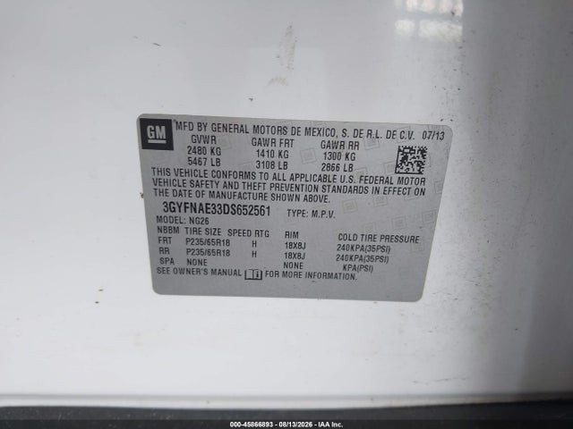 45866893 :رقم المزاد ، 3GYFNAE33DS652561 vin ، 2013 Cadillac Srx Standard مزاد بيع