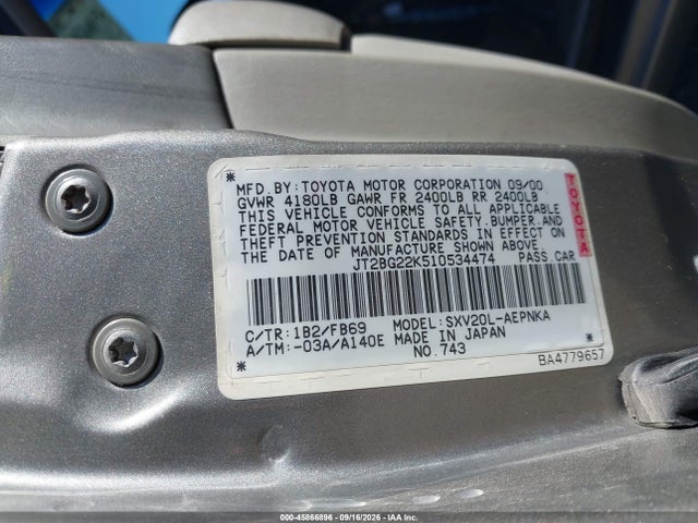 Aukcja sprzedaży 2001 Toyota Camry Le, vin: JT2BG22K510534474, numer aukcji: 45866896