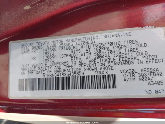 45866902 :رقم المزاد ، 5TBRN34183S435629 vin ، 2003 Toyota Tundra Sr5 مزاد بيع