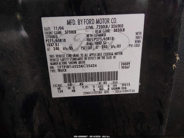 45866907 :رقم المزاد ، 1FTPW14525KC35424 vin ، 2005 Ford F-150 Fx4/lariat/xlt مزاد بيع