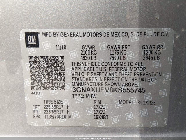 Продаж на аукціоні авто 2019 Chevrolet Equinox Lt, vin: 3GNAXUEV8KS555745, номер лоту: 45866915