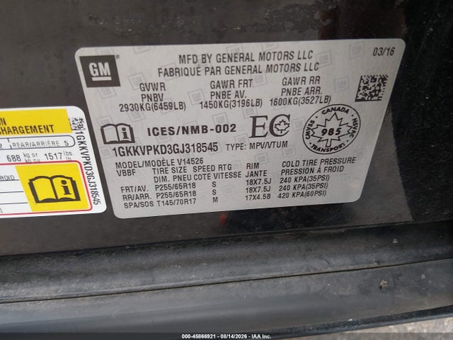 Продажа на аукционе авто 2016 Gmc Acadia Sle2, vin: 1GKKVPKD3GJ318545, номер лота: 45866921