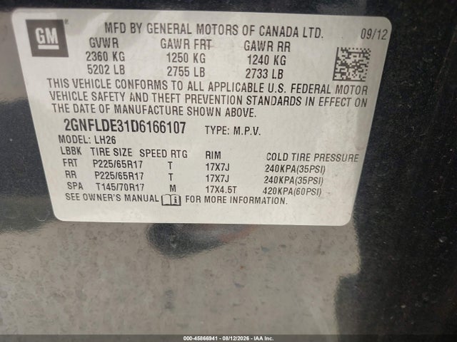 45866941 :رقم المزاد ، 2GNFLDE31D6166107 vin ، 2013 Chevrolet Equinox Lt مزاد بيع