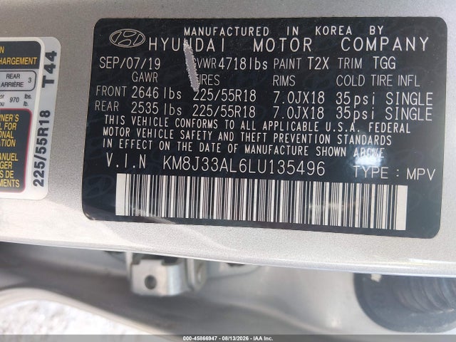 2020 Hyundai Tucson Sel მანქანა იყიდება აუქციონზე, vin: KM8J33AL6LU135496, აუქციონის ნომერი: 45866947