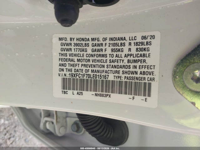 45866948 :رقم المزاد ، 19XFC1F70LE015167 vin ، 2020 Honda Civic Ex-l مزاد بيع