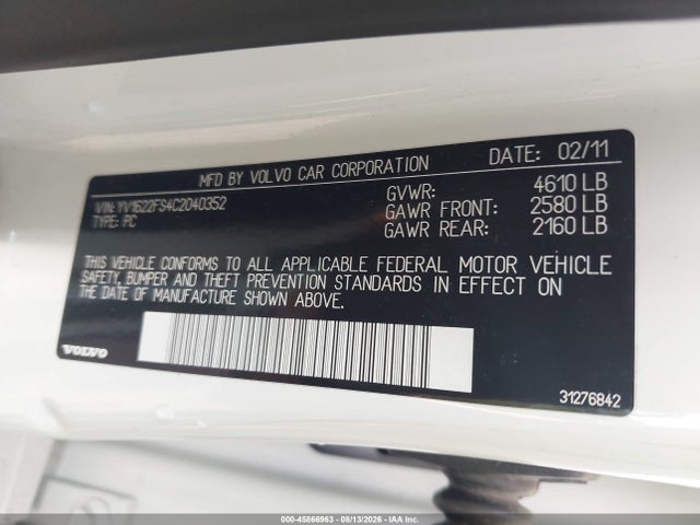 Aukcja sprzedaży 2012 Volvo S60 T5, vin: YV1622FS4C2040352, numer aukcji: 45866963