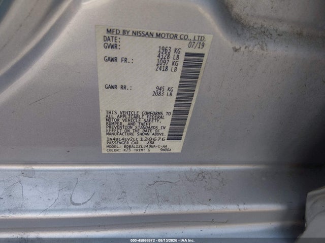 Продаж на аукціоні авто 2020 Nissan Altima Sl Fwd, vin: 1N4BL4EV2LC120676, номер лоту: 45866972