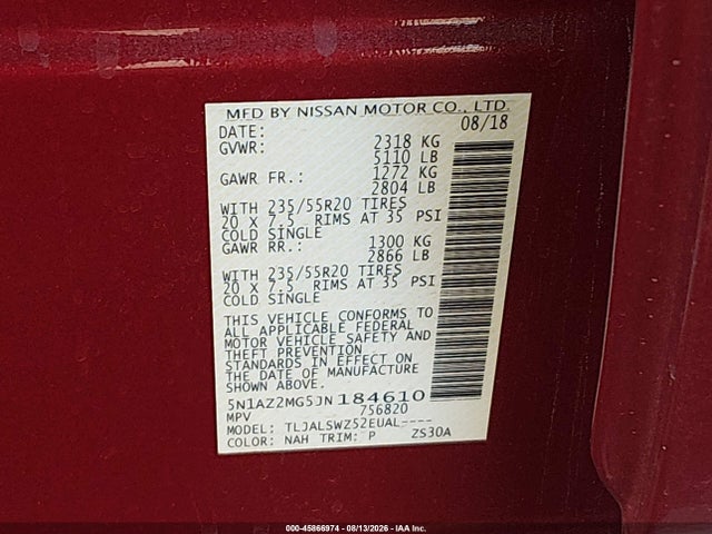 5N1AZ2MG5JN184610 Nissan Murano Platinum
