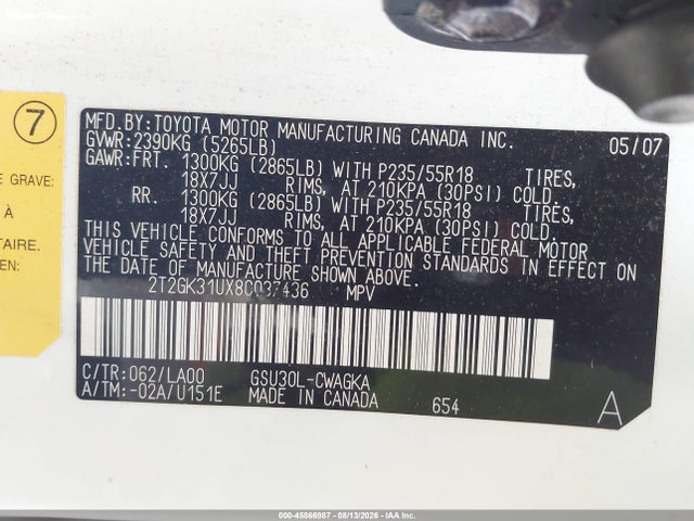 Продаж на аукціоні авто 2008 Lexus Rx 350, vin: 2T2GK31UX8C037436, номер лоту: 45866987