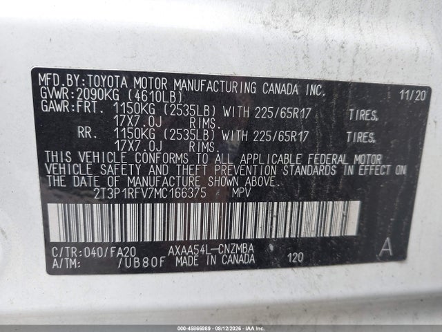 2021 Toyota Rav4 Xle მანქანა იყიდება აუქციონზე, vin: 2T3P1RFV7MC166375, აუქციონის ნომერი: 45866989
