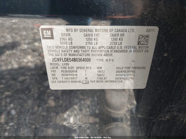 Продаж на аукціоні авто 2011 Chevrolet Equinox Lt W/1lt, vin: 2CNFLDE54B6364098, номер лоту: 45867006