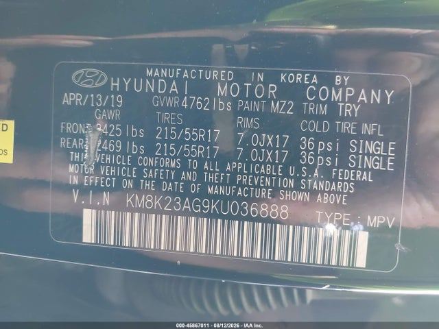 Продаж на аукціоні авто 2019 Hyundai Kona Ev Sel, vin: KM8K23AG9KU036888, номер лоту: 45867011
