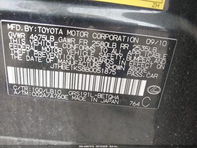 Продажа на аукционе авто 2011 Lexus Gs 350, vin: JTHBE1KS8B0051875, номер лота: 45867016