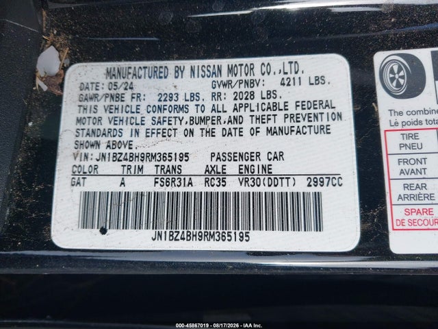 2024 Nissan Z Performance Manual მანქანა იყიდება აუქციონზე, vin: JN1BZ4BH9RM365195, აუქციონის ნომერი: 45867019