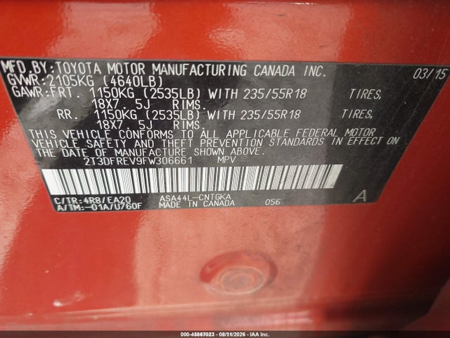 Продаж на аукціоні авто 2015 Toyota Rav4 Limited, vin: 2T3DFREV9FW306661, номер лоту: 45867023