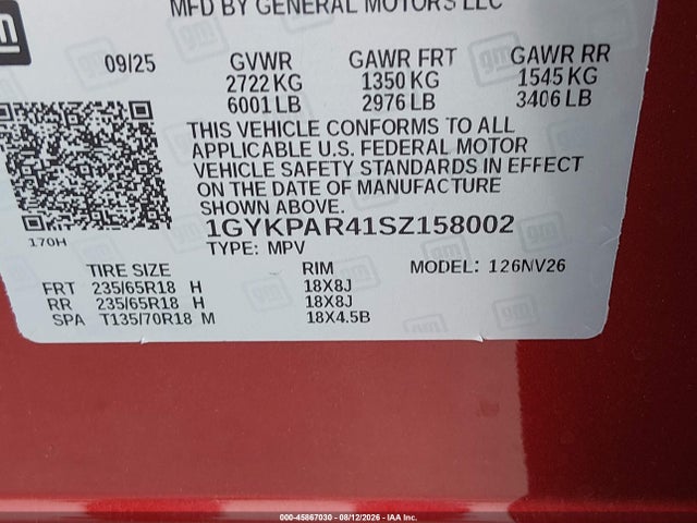 45867030 :رقم المزاد ، 1GYKPAR41SZ158002 vin ، 2025 Cadillac Xt6 Fwd Luxury مزاد بيع