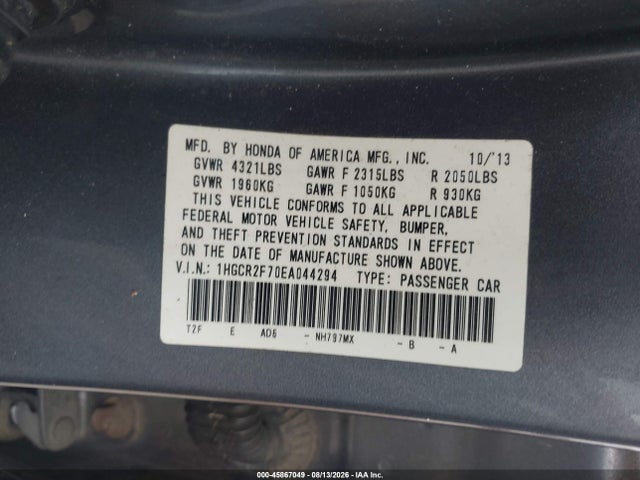 45867049 :رقم المزاد ، 1HGCR2F70EA044294 vin ، 2014 Honda Accord Ex مزاد بيع