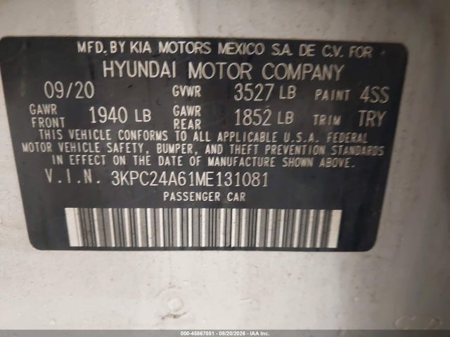 Продаж на аукціоні авто 2021 Hyundai Accent Se, vin: 3KPC24A61ME131081, номер лоту: 45867051