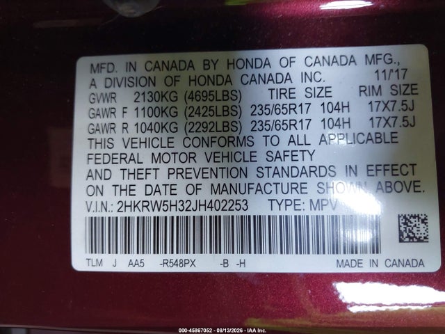 45867052 :رقم المزاد ، 2HKRW5H32JH402253 vin ، 2018 Honda Cr-v Lx مزاد بيع