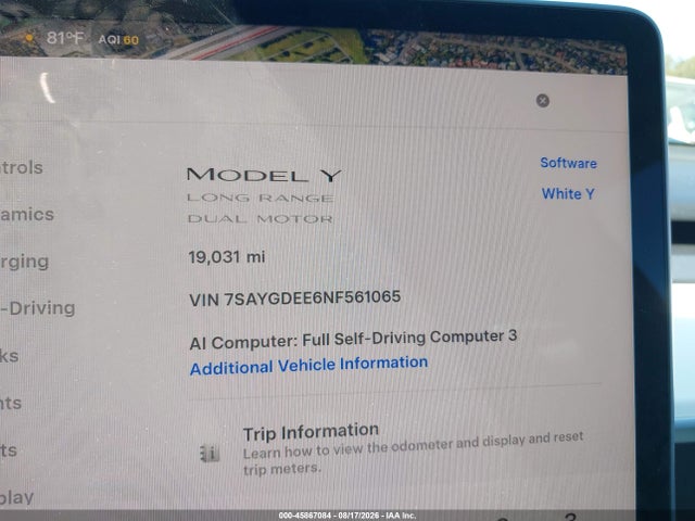 Aukcja sprzedaży 2022 Tesla Model Y Long Range Dual Motor All-wheel Drive, vin: 7SAYGDEE6NF561065, numer aukcji: 45867084