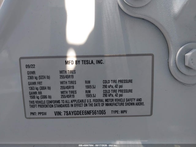 Aukcja sprzedaży 2022 Tesla Model Y Long Range Dual Motor All-wheel Drive, vin: 7SAYGDEE6NF561065, numer aukcji: 45867084