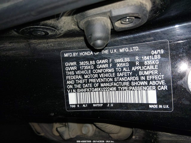 SHHFK7G46KU222406 Honda Civic Sport