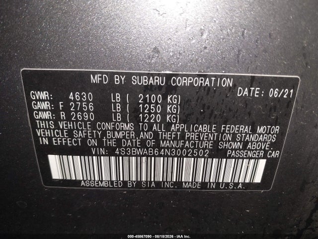 45867090 :رقم المزاد ، 4S3BWAB64N3002502 vin ، 2022 Subaru Legacy مزاد بيع