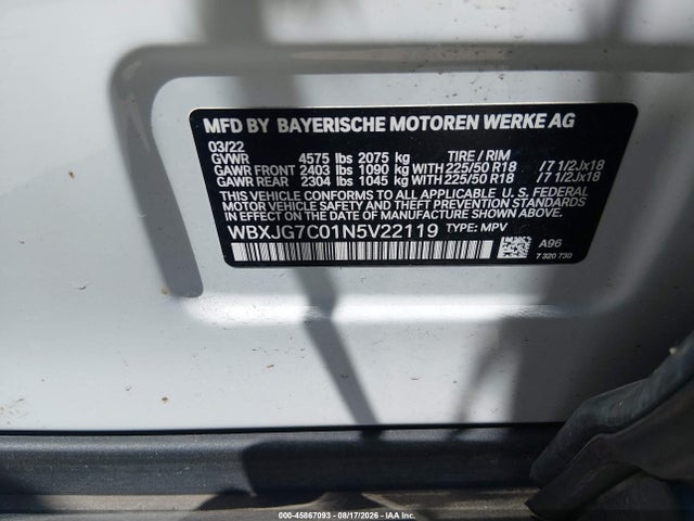 45867093 :رقم المزاد ، WBXJG7C01N5V22119 vin ، 2022 Bmw X1 Sdrive28i مزاد بيع