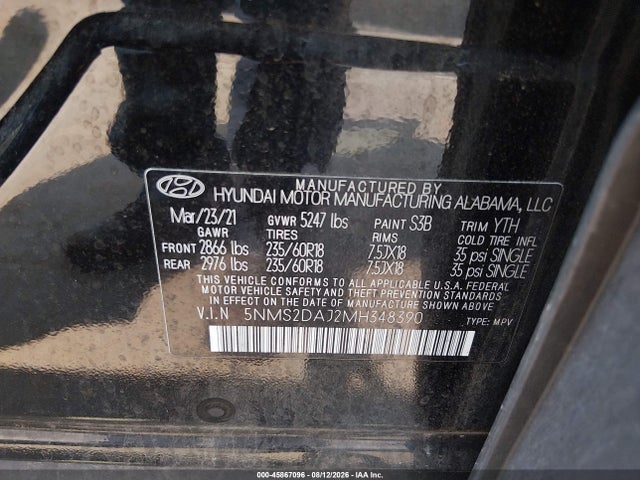 2021 Hyundai Santa Fe Sel მანქანა იყიდება აუქციონზე, vin: 5NMS2DAJ2MH348390, აუქციონის ნომერი: 45867096