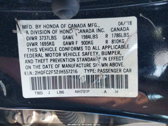 Honda Civic Lx 2018 2HGFC2F52JH557216 Image 9