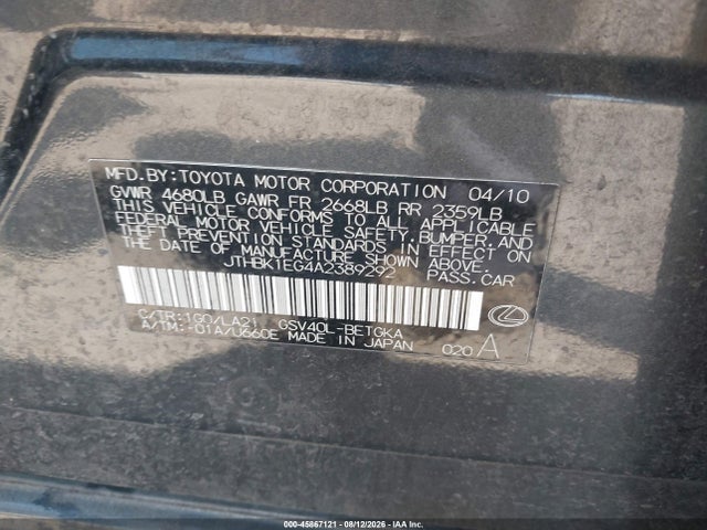 45867121 :رقم المزاد ، JTHBK1EG4A2389292 vin ، 2010 Lexus Es 350 مزاد بيع