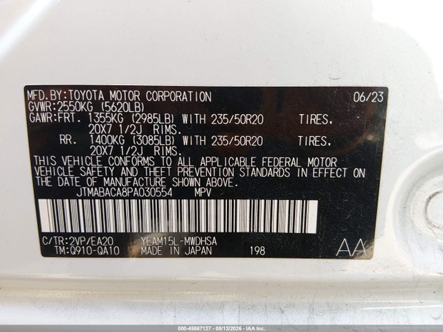 Aukcja sprzedaży 2023 Toyota Bz4x Limited, vin: JTMABACA8PA030554, numer aukcji: 45867127