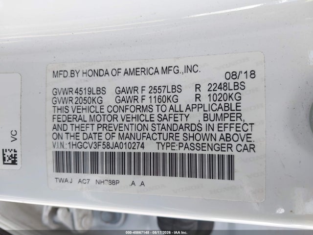 Продажа на аукционе авто 2018 Honda Accord Hybrid Ex-l, vin: 1HGCV3F58JA010274, номер лота: 45867148