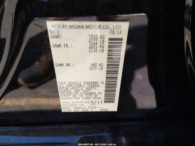 2015 Nissan Altima 2.5/2.5 S/2.5 Sl/2.5 Sv მანქანა იყიდება აუქციონზე, vin: 1N4AL3AP4FN328211, აუქციონის ნომერი: 45867169