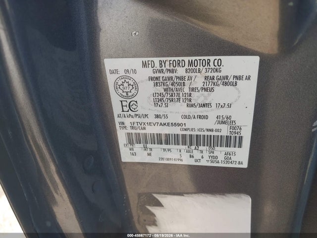 Продажа на аукционе авто 2010 Ford F-150 Xlt W/hd Payload Pkg, vin: 1FTVX1EV7AKE55901, номер лота: 45867172