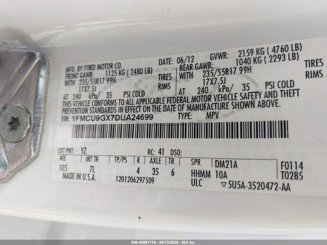 45867176 :رقم المزاد ، 1FMCU9GX7DUA24699 vin ، 2013 Ford Escape Se مزاد بيع