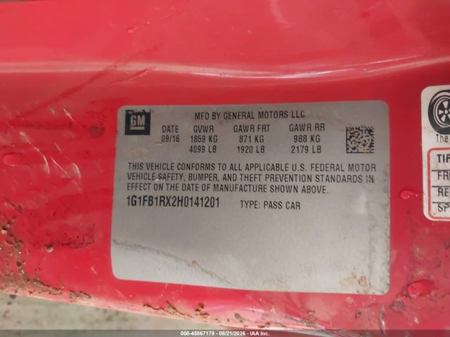 45867178 :رقم المزاد ، 1G1FB1RX2H0141201 vin ، 2017 Chevrolet Camaro 1lt مزاد بيع
