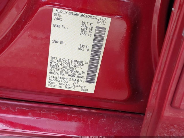 45867184 :رقم المزاد ، 1N4AL3AP9HC234632 vin ، 2017 Nissan Altima 2.5 Sv مزاد بيع