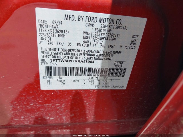 Aukcja sprzedaży 2024 Ford Maverick Xlt, vin: 3FTTW8H97RRA58004, numer aukcji: 45867192