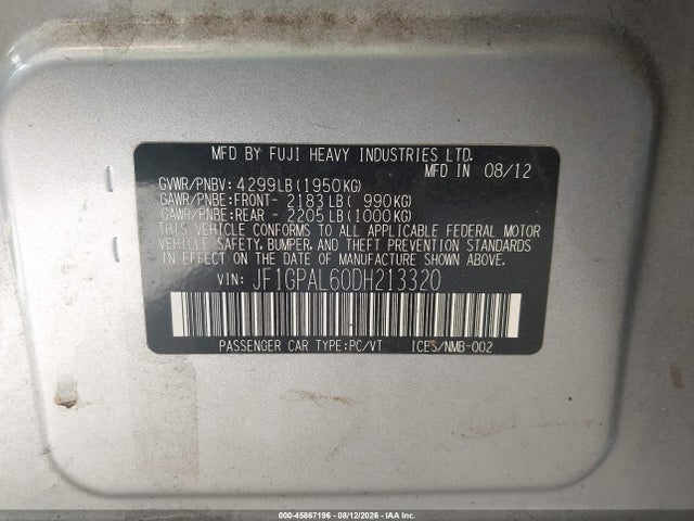 Продажа на аукционе авто 2013 Subaru Impreza 2.0i Sport Premium, vin: JF1GPAL60DH213320, номер лота: 45867196