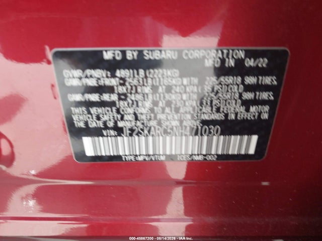 45867200 :رقم المزاد ، JF2SKARC5NH471030 vin ، 2022 Subaru Forester Touring مزاد بيع