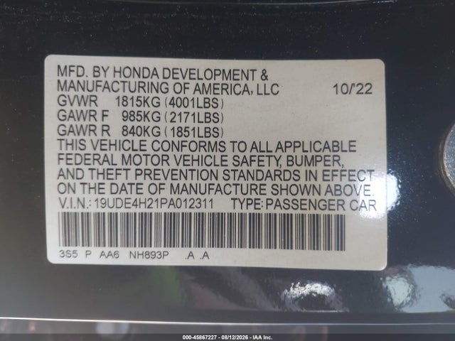 Продажа на аукционе авто 2023 Acura Integra, vin: 19UDE4H21PA012311, номер лота: 45867227